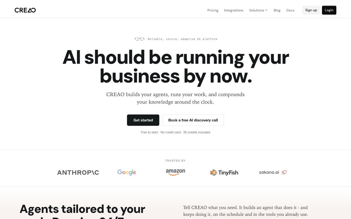 Creao AI 首页:“如今,AI 早该替你运营业务了”