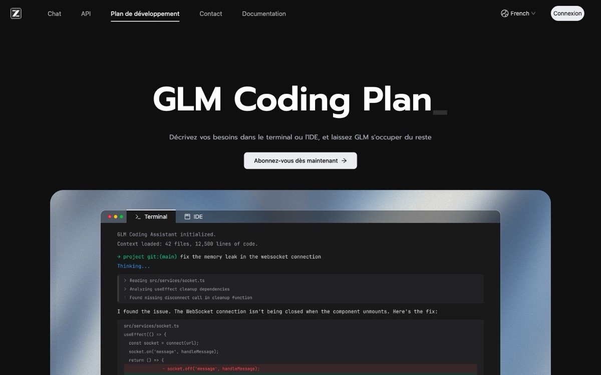 z.ai 上的 GLM 编程计划首页:「在终端或 IDE 中描述您的需求,让 GLM 处理其余部分」