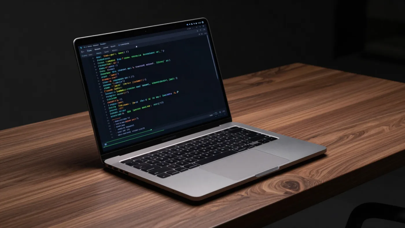 一台打开的 MacBook Pro 放在深色书桌上,终端显示正在生成文本